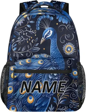 Custom Peacock Backpack with Name Personalized Waterproof Casual Daypack Peacocks Floral Plant Customize Laptop Backpacks for Women Men