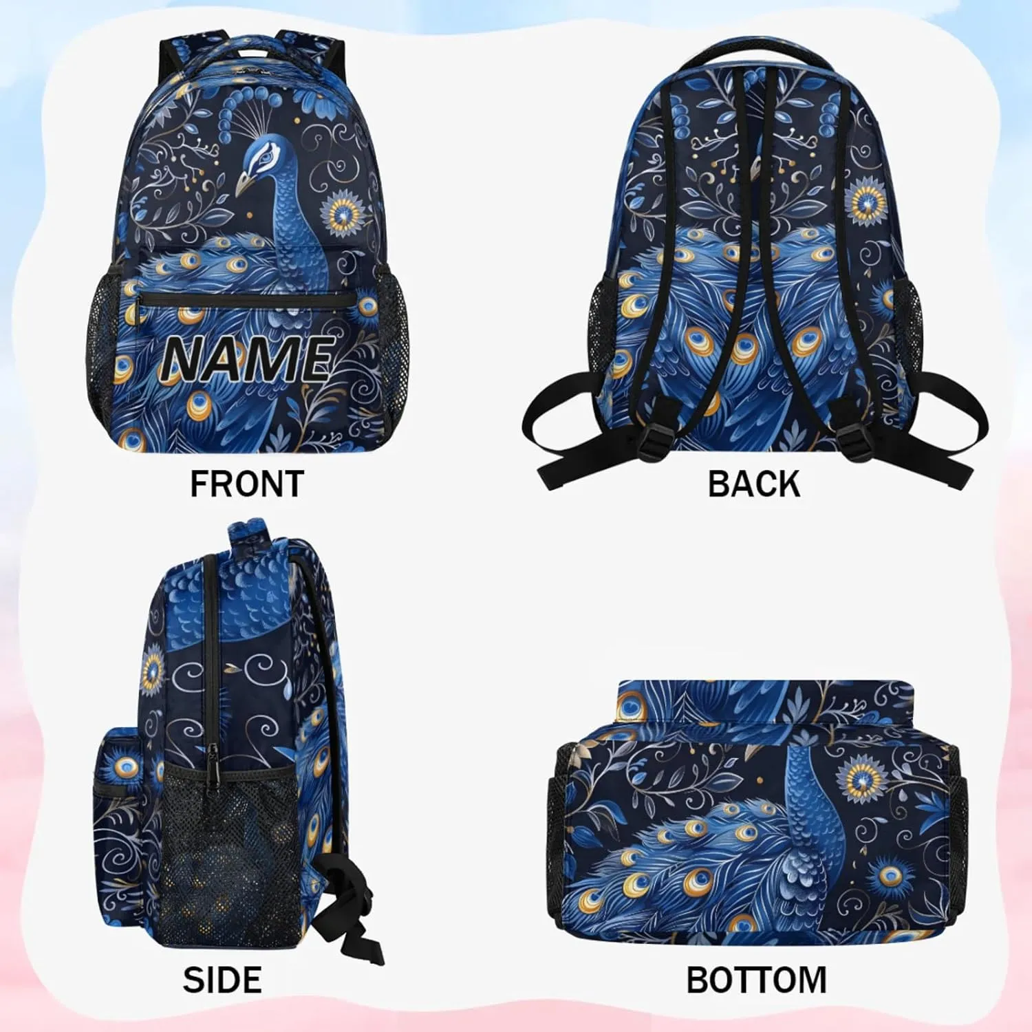Custom Peacock Backpack with Name Personalized Waterproof Casual Daypack Peacocks Floral Plant Customize Laptop Backpacks for Women Men