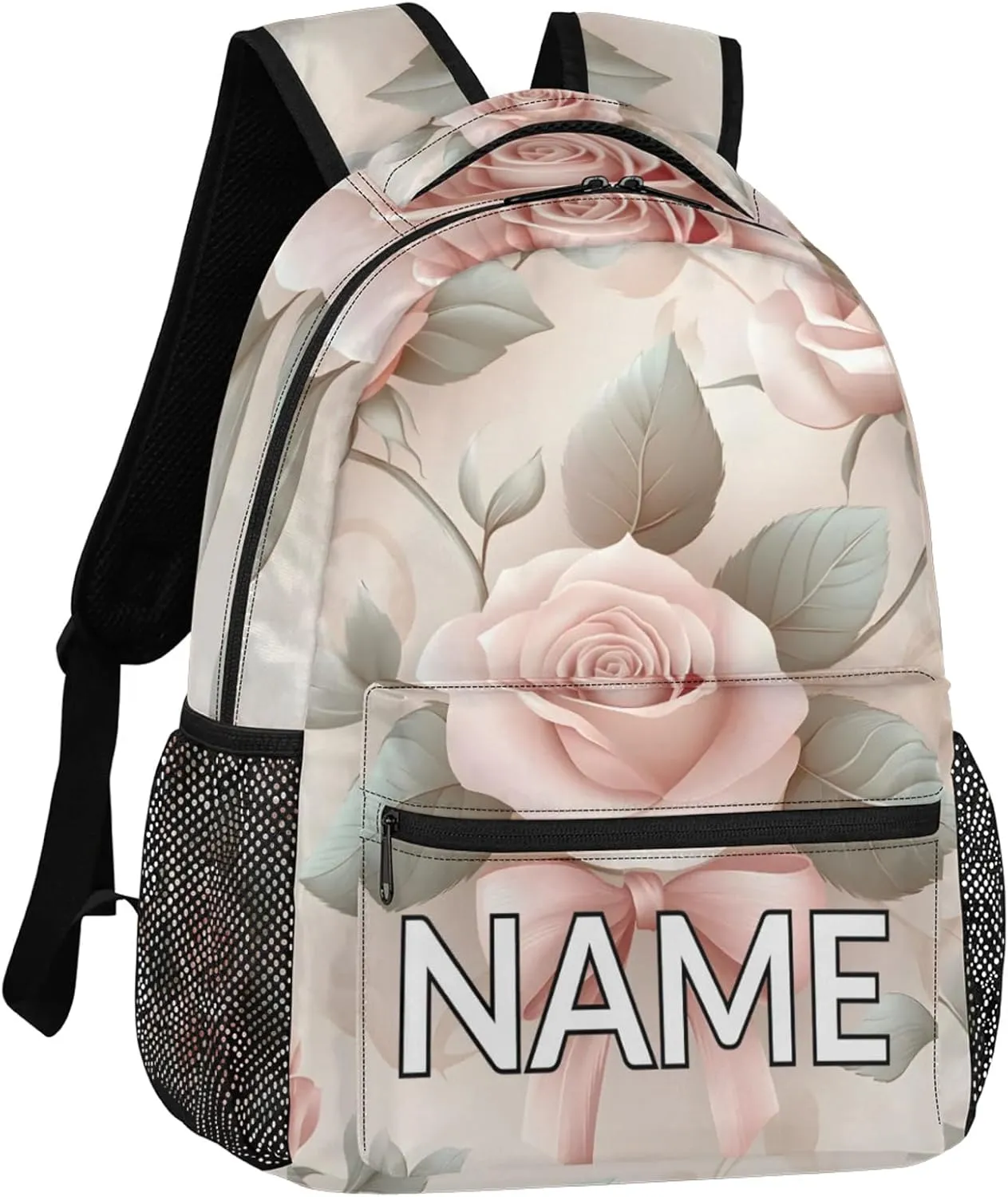 Custom Pink Floral Rose Backpack with Name Personalized Waterproof Casual Daypack Bright Spring Customize Laptop Backpacks for Women Men