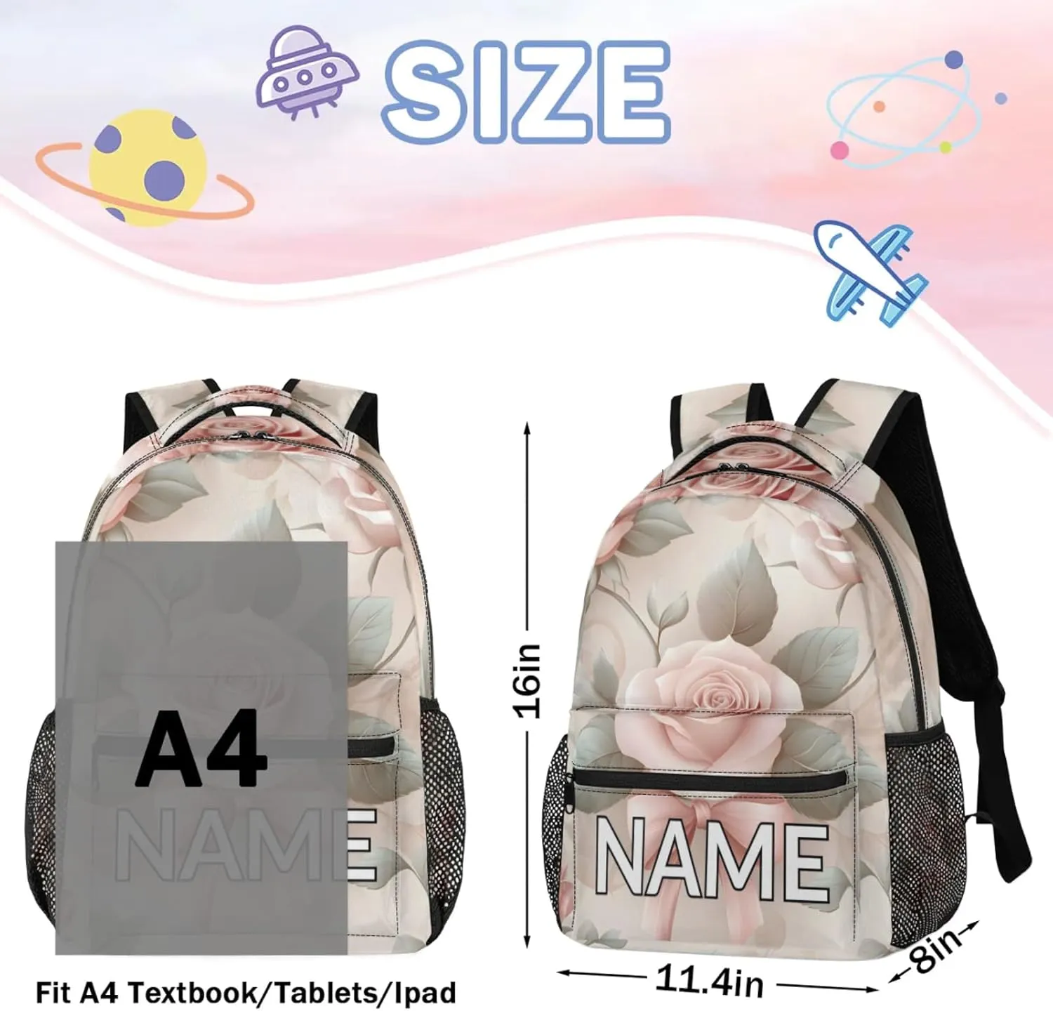 Custom Pink Floral Rose Backpack with Name Personalized Waterproof Casual Daypack Bright Spring Customize Laptop Backpacks for Women Men