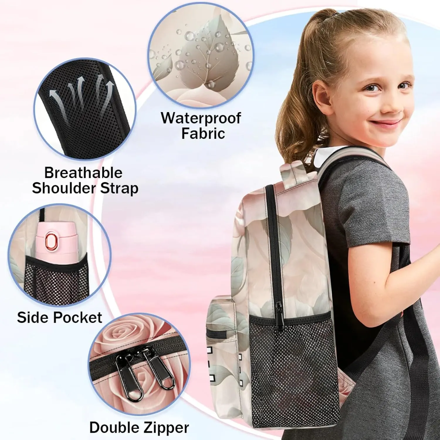 Custom Pink Floral Rose Backpack with Name Personalized Waterproof Casual Daypack Bright Spring Customize Laptop Backpacks for Women Men