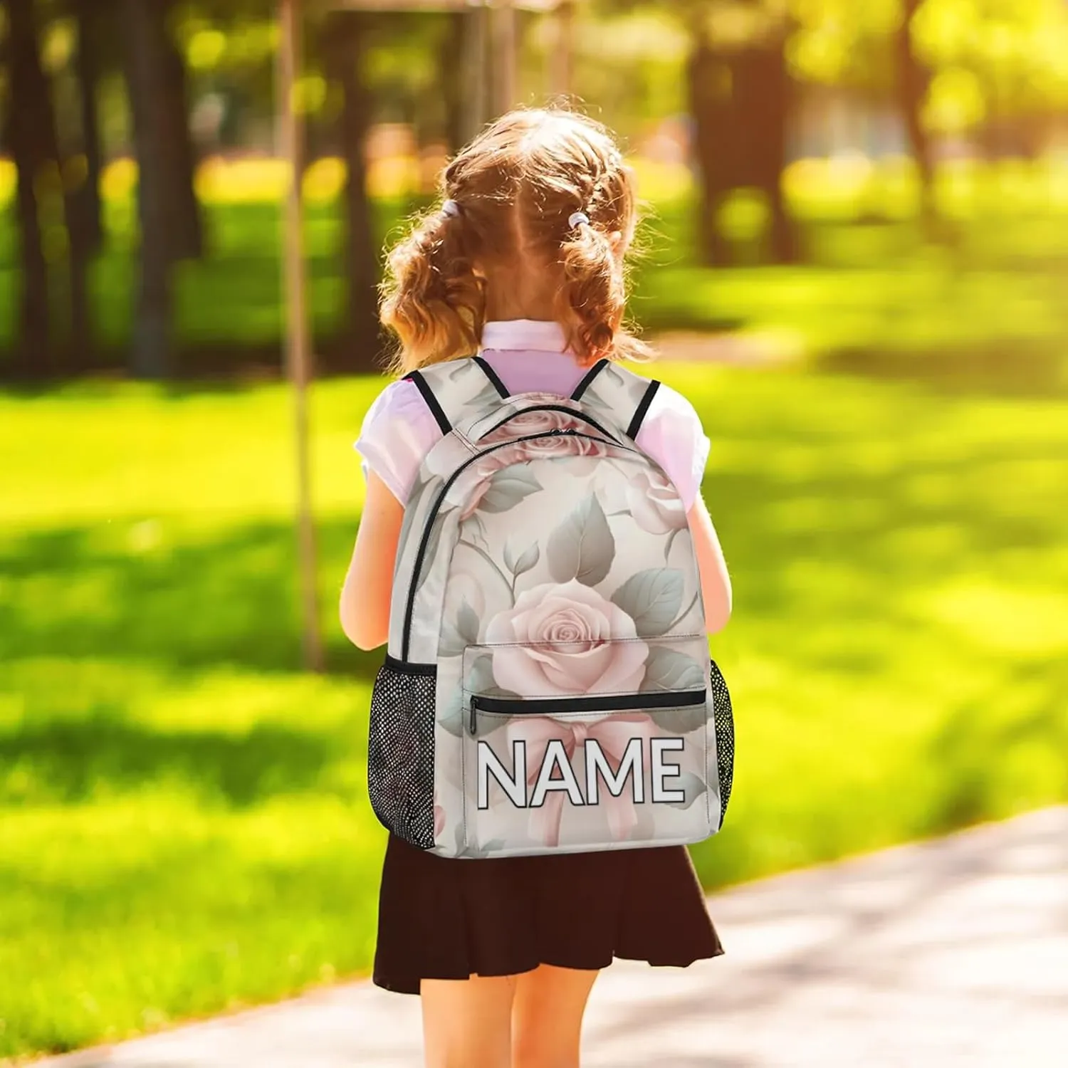 Custom Pink Floral Rose Backpack with Name Personalized Waterproof Casual Daypack Bright Spring Customize Laptop Backpacks for Women Men
