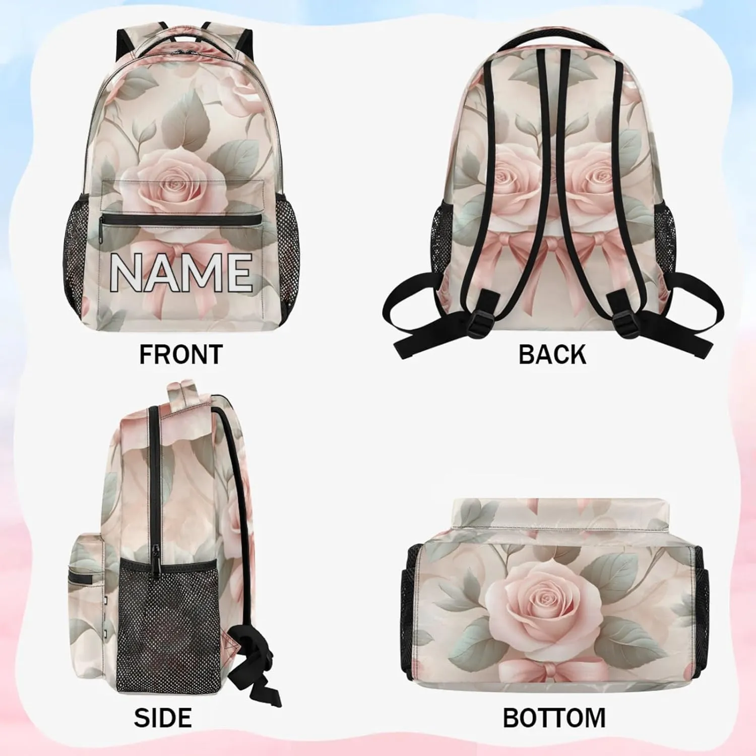Custom Pink Floral Rose Backpack with Name Personalized Waterproof Casual Daypack Bright Spring Customize Laptop Backpacks for Women Men