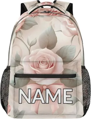 Custom Pink Floral Rose Backpack with Name Personalized Waterproof Casual Daypack Bright Spring Customize Laptop Backpacks for Women Men