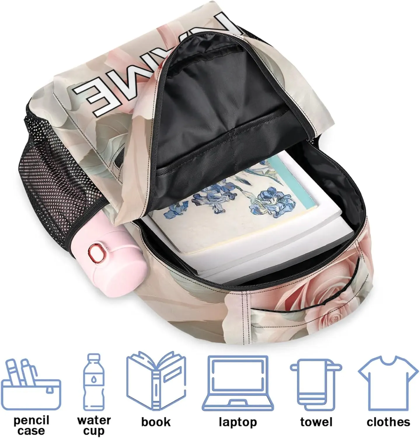 Custom Pink Floral Rose Backpack with Name Personalized Waterproof Casual Daypack Bright Spring Customize Laptop Backpacks for Women Men