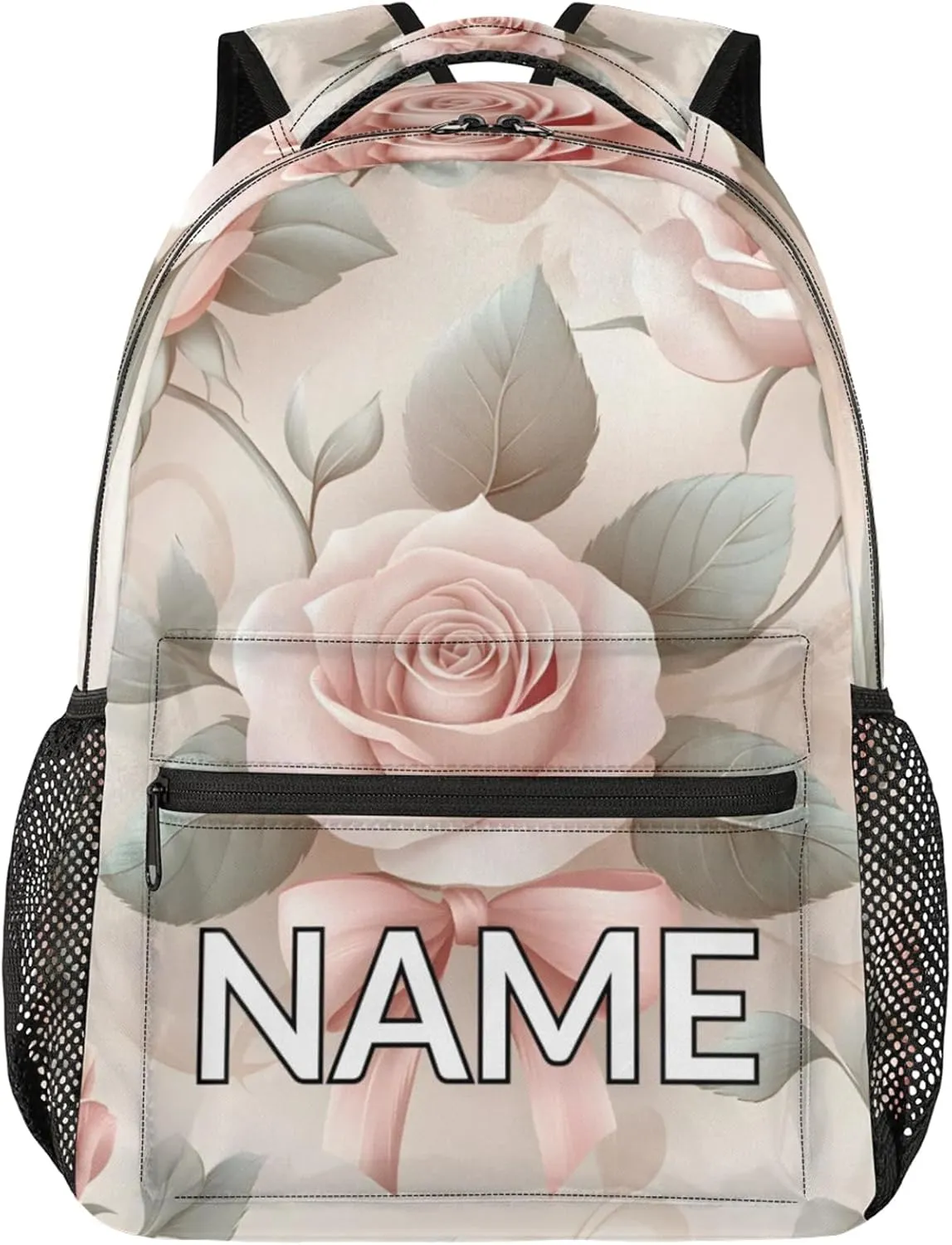 Custom Pink Floral Rose Backpack with Name Personalized Waterproof Casual Daypack Bright Spring Customize Laptop Backpacks for Women Men