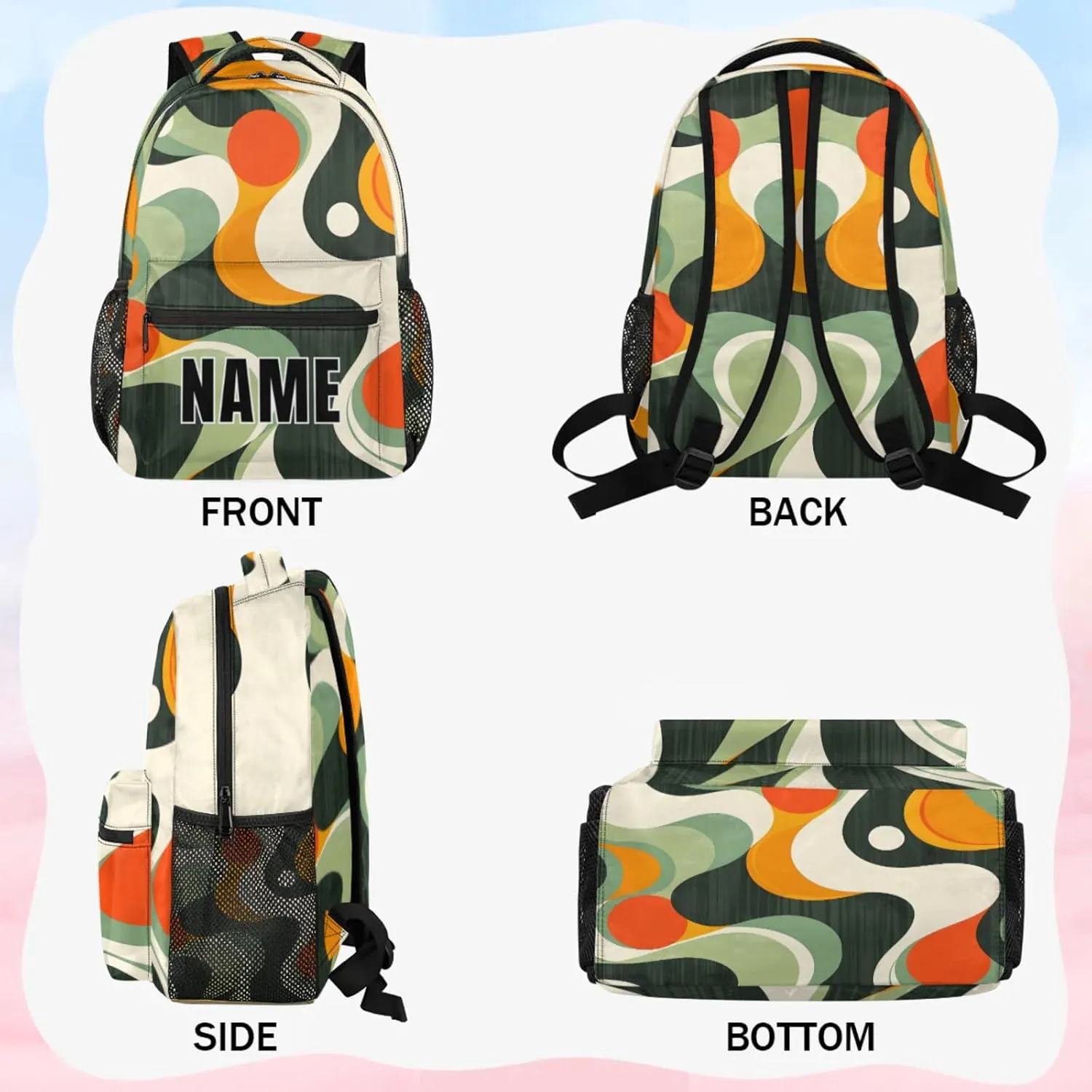 Custom Retro Waves Backpack with Name Personalized Waterproof Casual Daypack Swirl Fluid Vintage Customize Laptop Backpacks for Women Men