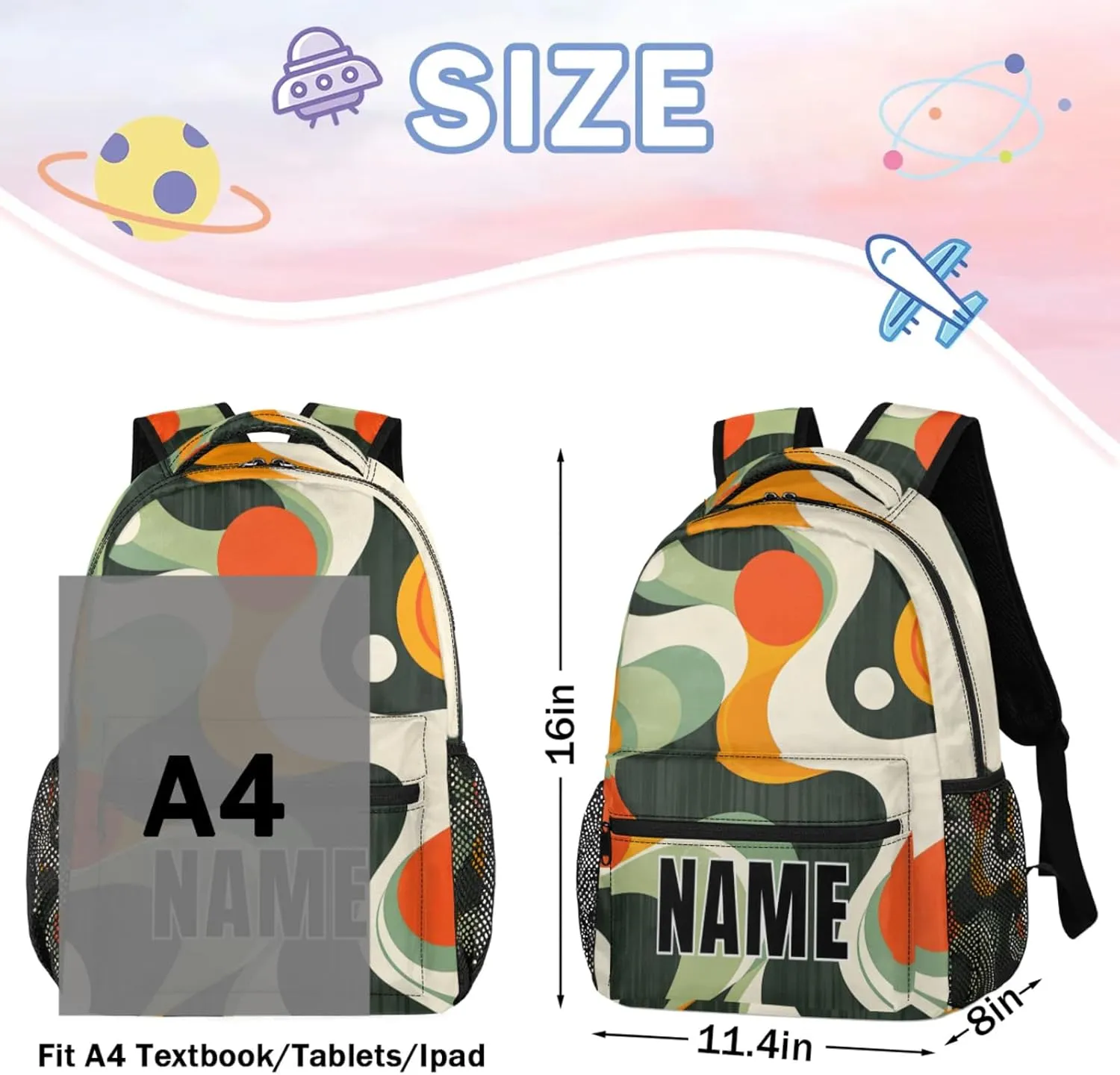 Custom Retro Waves Backpack with Name Personalized Waterproof Casual Daypack Swirl Fluid Vintage Customize Laptop Backpacks for Women Men