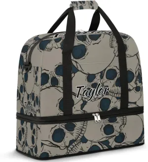 Customized Gym Bag for Women, Personalized Black Skull Travel Duffel Bag with Name, Skull Skeleton Weekender Overnight Bag with Shoes Compartment for Men Travel Yoga
