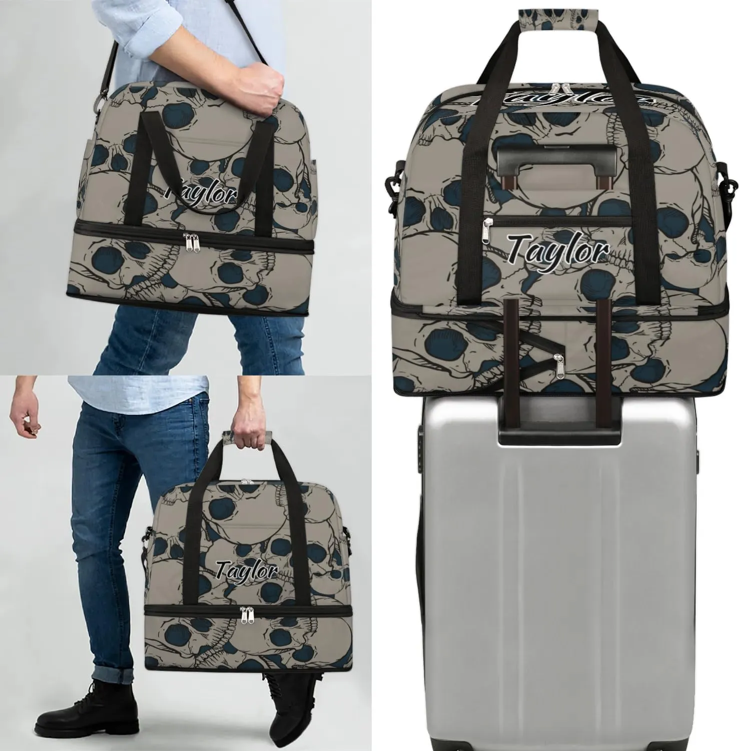 Customized Gym Bag for Women, Personalized Black Skull Travel Duffel Bag with Name, Skull Skeleton Weekender Overnight Bag with Shoes Compartment for Men Travel Yoga