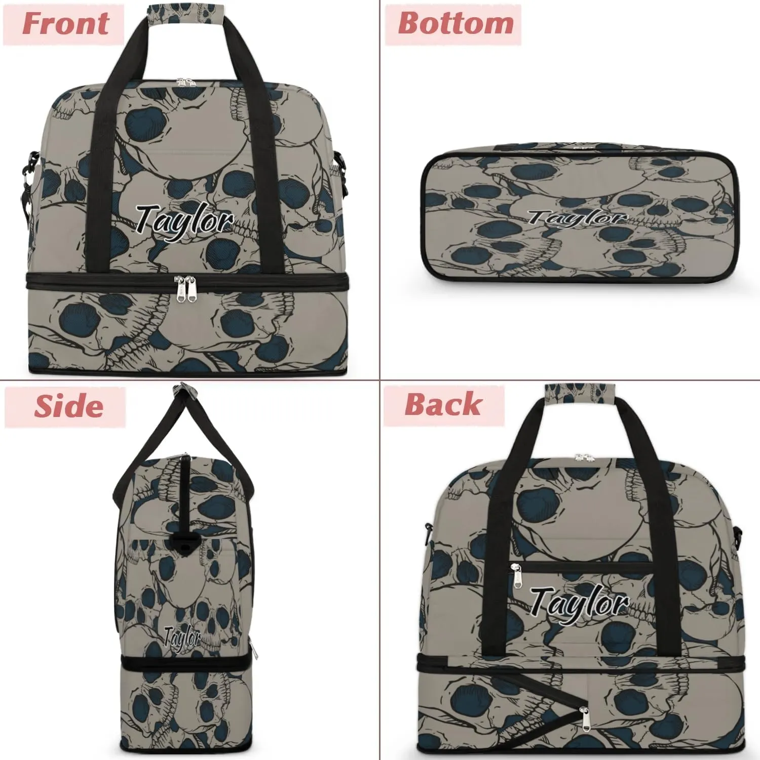 Customized Gym Bag for Women, Personalized Black Skull Travel Duffel Bag with Name, Skull Skeleton Weekender Overnight Bag with Shoes Compartment for Men Travel Yoga