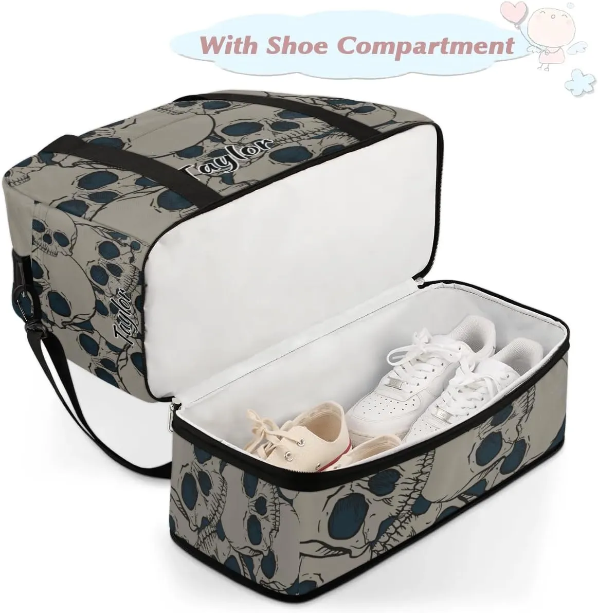 Customized Gym Bag for Women, Personalized Black Skull Travel Duffel Bag with Name, Skull Skeleton Weekender Overnight Bag with Shoes Compartment for Men Travel Yoga