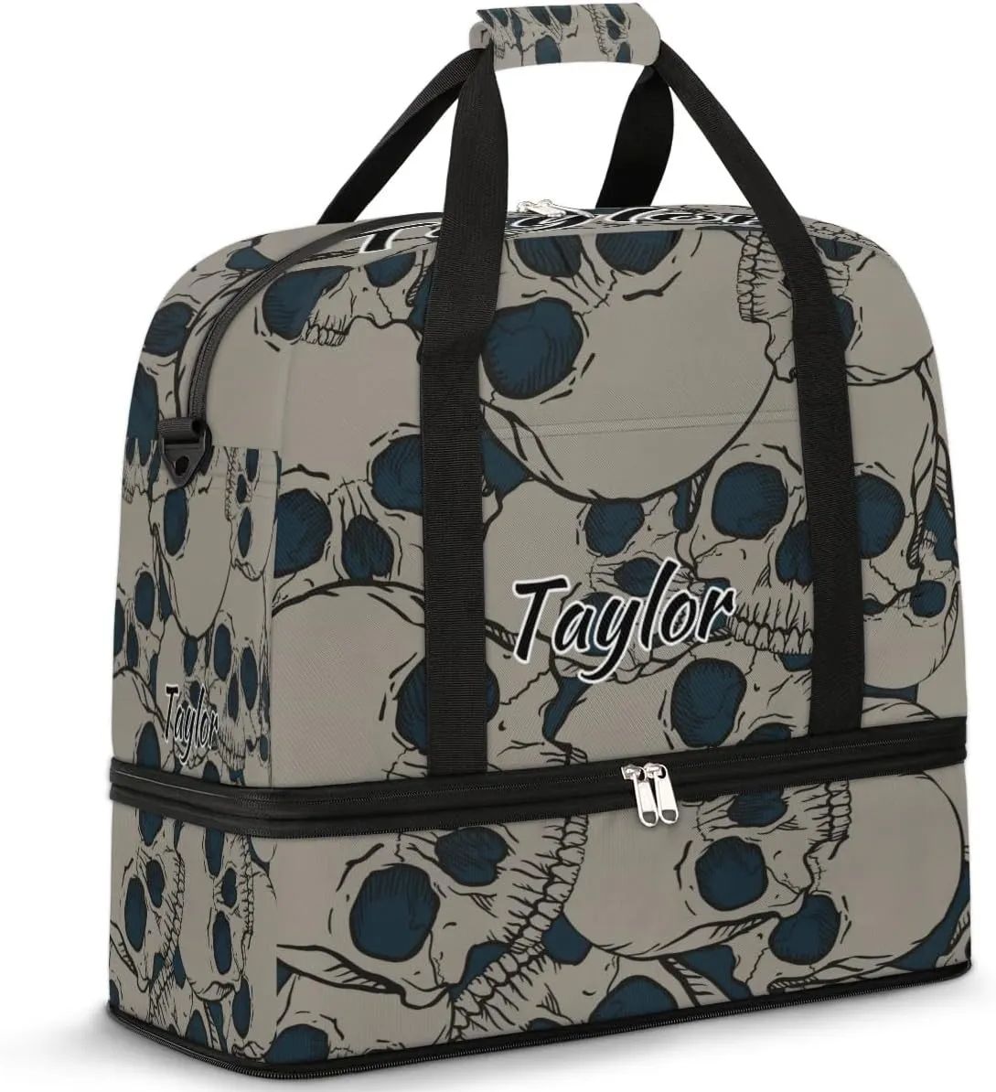 Customized Gym Bag for Women, Personalized Black Skull Travel Duffel Bag with Name, Skull Skeleton Weekender Overnight Bag with Shoes Compartment for Men Travel Yoga