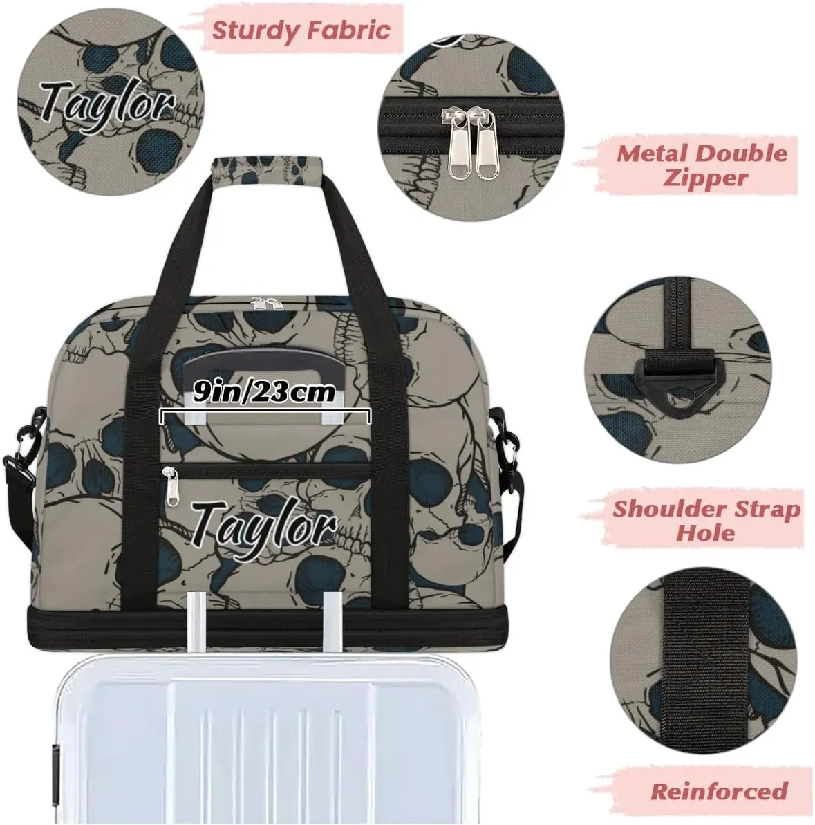 Customized Gym Bag for Women, Personalized Black Skull Travel Duffel Bag with Name, Skull Skeleton Weekender Overnight Bag with Shoes Compartment for Men Travel Yoga