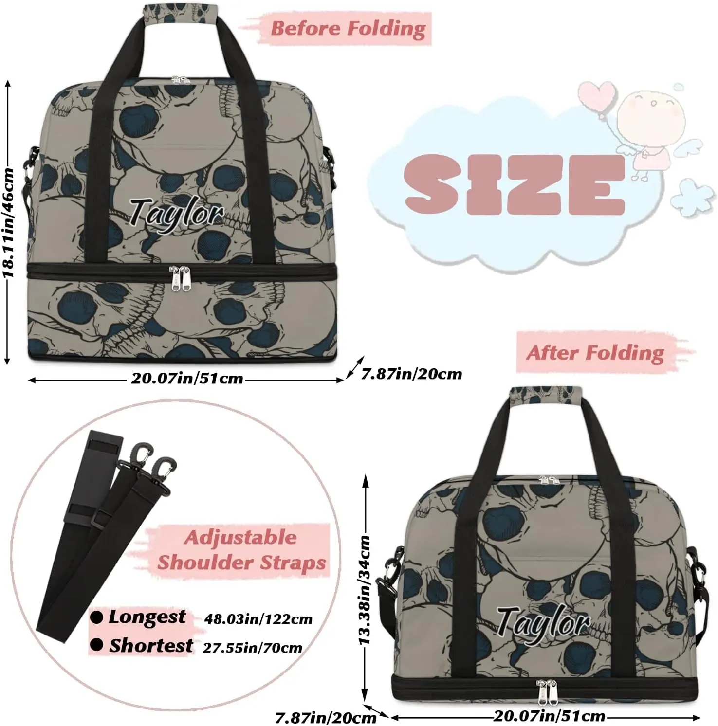 Customized Gym Bag for Women, Personalized Black Skull Travel Duffel Bag with Name, Skull Skeleton Weekender Overnight Bag with Shoes Compartment for Men Travel Yoga