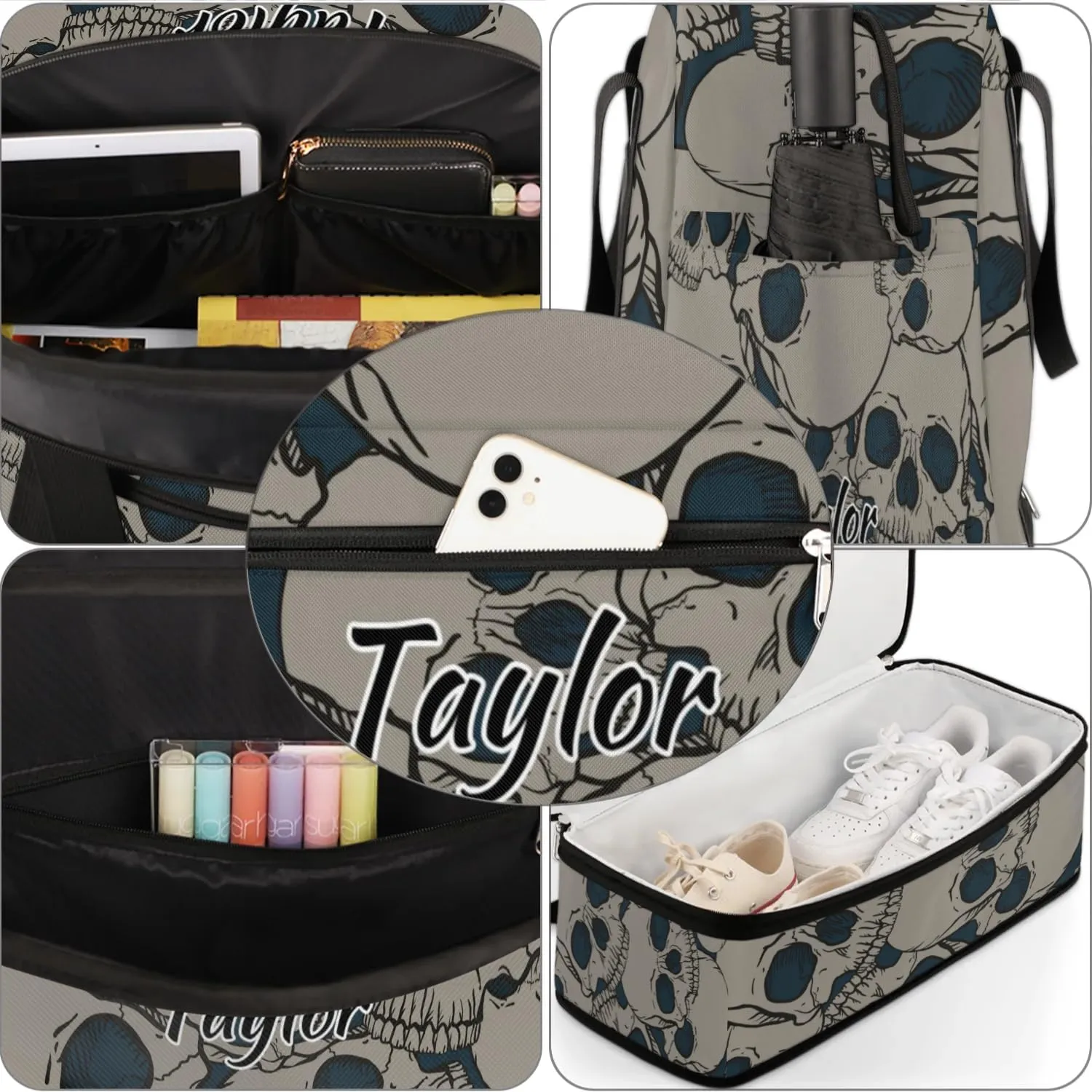 Customized Gym Bag for Women, Personalized Black Skull Travel Duffel Bag with Name, Skull Skeleton Weekender Overnight Bag with Shoes Compartment for Men Travel Yoga