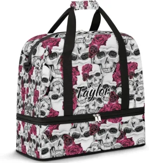 Customized Gym Bag for Women, Personalized Flower Skull Travel Duffel Bag with Name, Skull Print Weekender Overnight Bag with Shoes Compartment for Men Travel Yoga