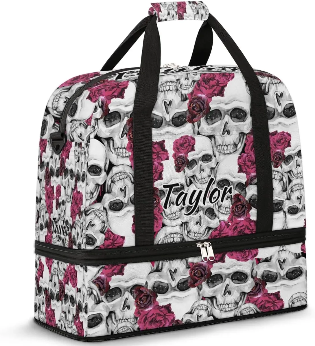 Customized Gym Bag for Women, Personalized Flower Skull Travel Duffel Bag with Name, Skull Print Weekender Overnight Bag with Shoes Compartment for Men Travel Yoga
