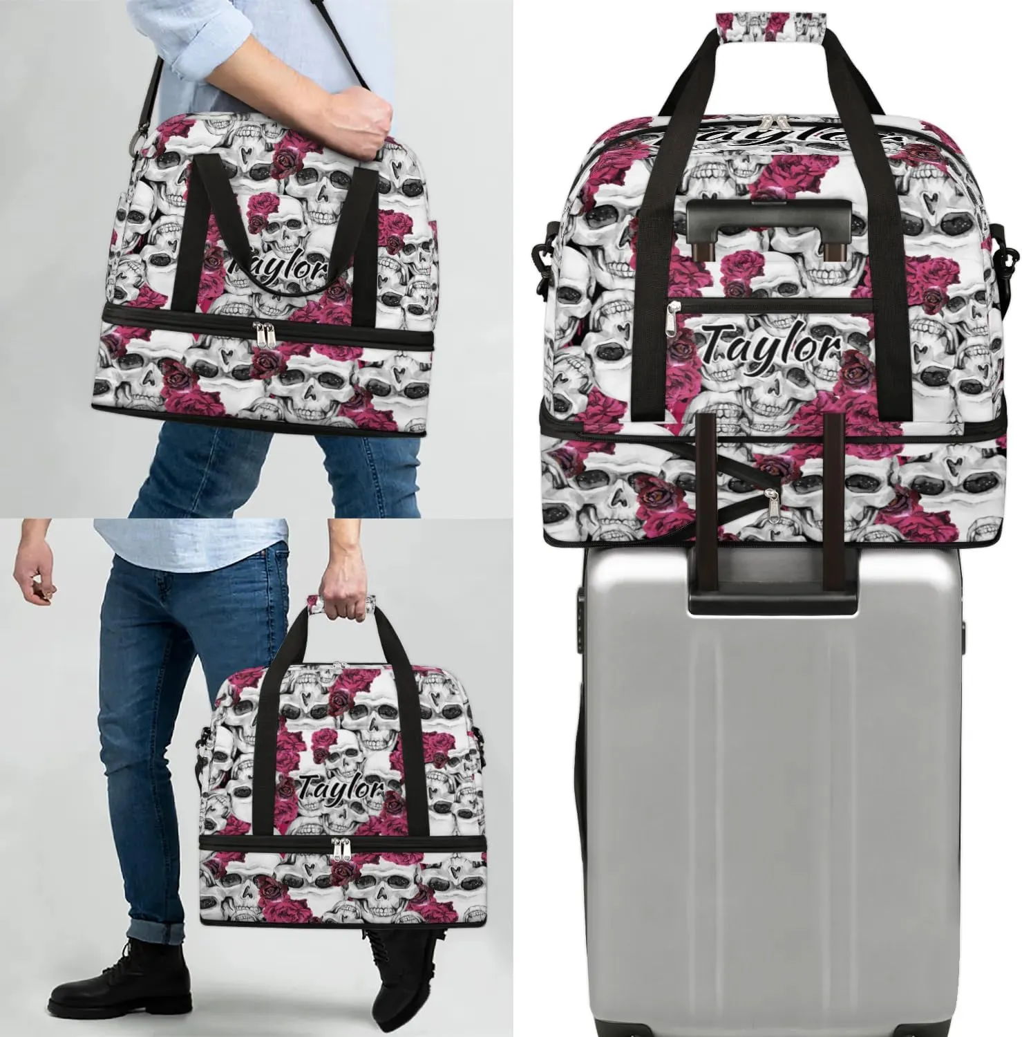 Customized Gym Bag for Women, Personalized Flower Skull Travel Duffel Bag with Name, Skull Print Weekender Overnight Bag with Shoes Compartment for Men Travel Yoga