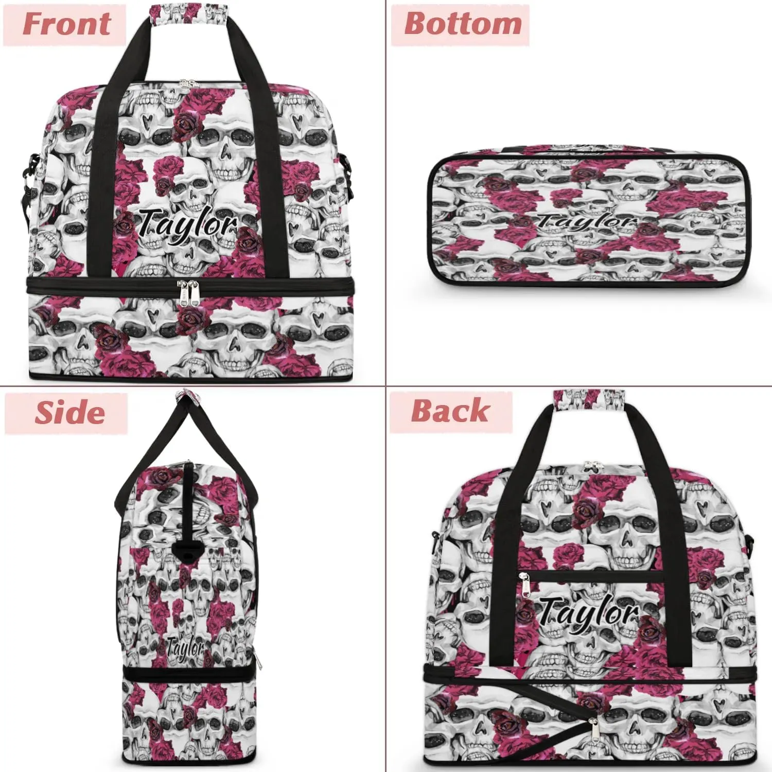 Customized Gym Bag for Women, Personalized Flower Skull Travel Duffel Bag with Name, Skull Print Weekender Overnight Bag with Shoes Compartment for Men Travel Yoga