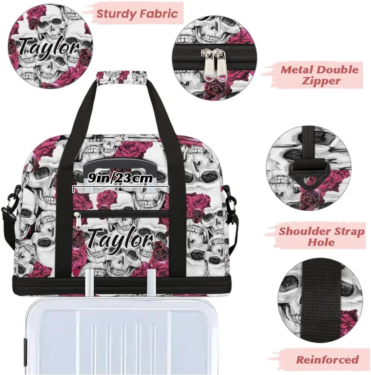Customized Gym Bag for Women, Personalized Flower Skull Travel Duffel Bag with Name, Skull Print Weekender Overnight Bag with Shoes Compartment for Men Travel Yoga