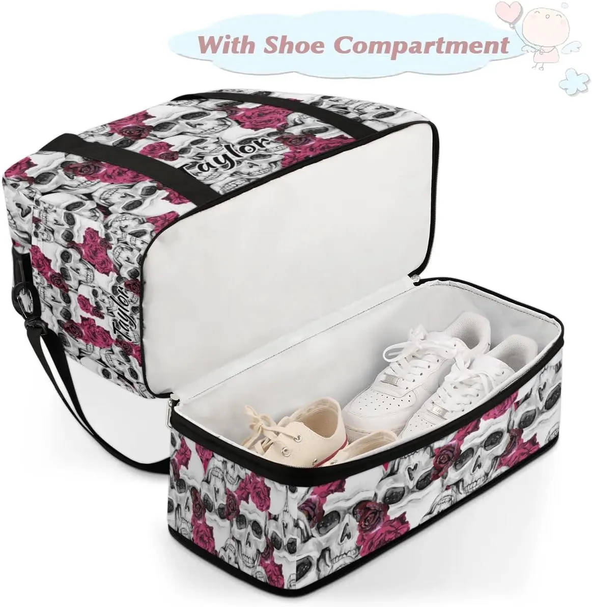 Customized Gym Bag for Women, Personalized Flower Skull Travel Duffel Bag with Name, Skull Print Weekender Overnight Bag with Shoes Compartment for Men Travel Yoga