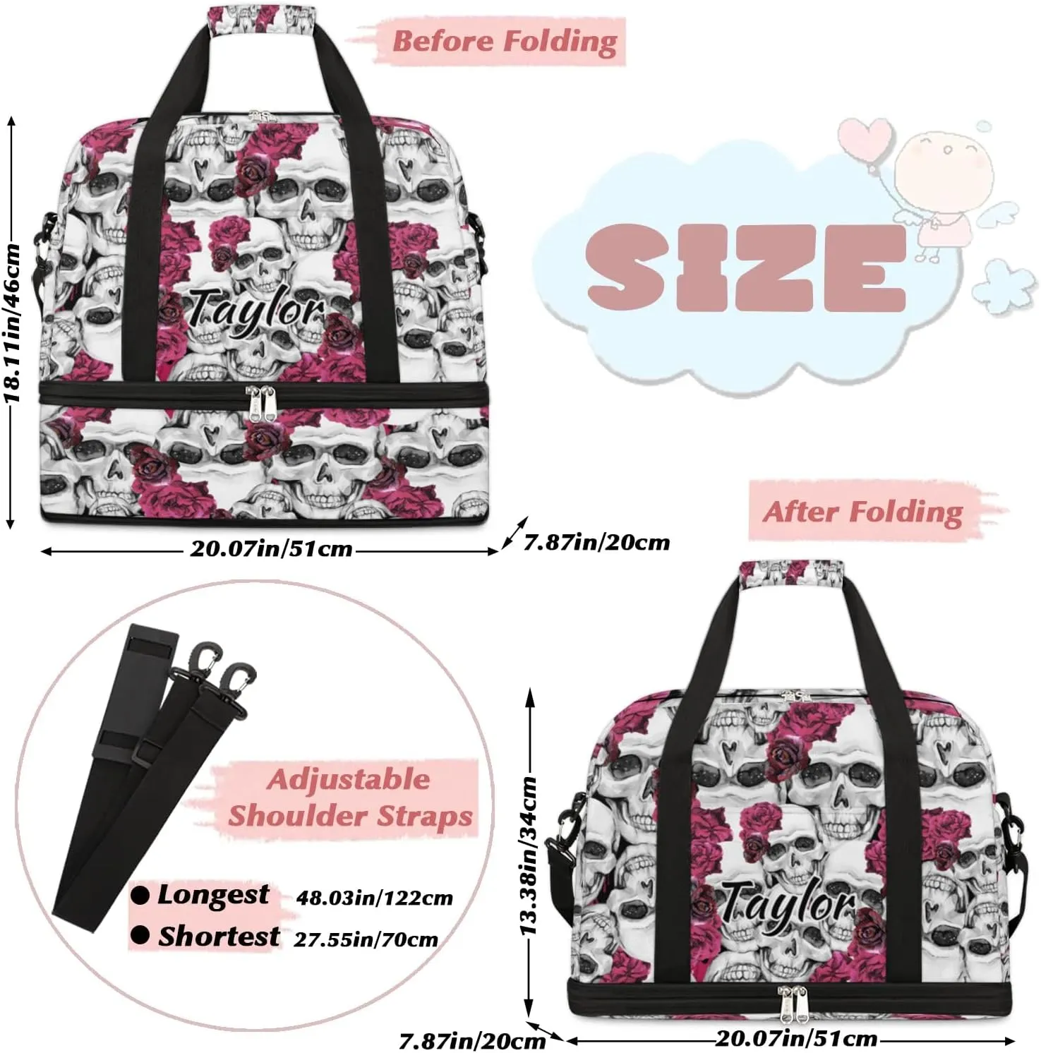 Customized Gym Bag for Women, Personalized Flower Skull Travel Duffel Bag with Name, Skull Print Weekender Overnight Bag with Shoes Compartment for Men Travel Yoga