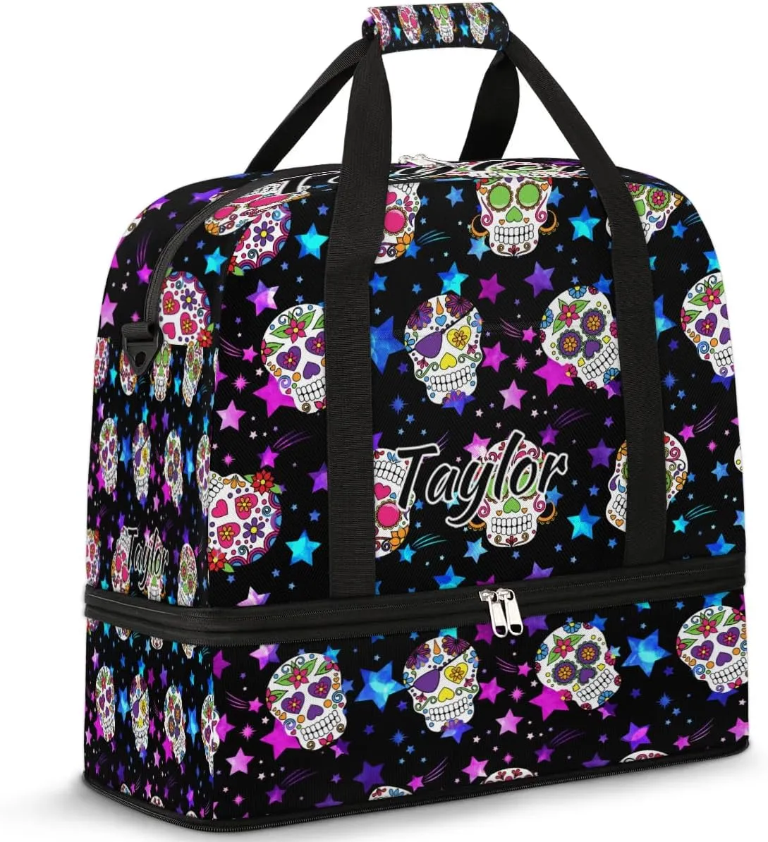 Customized Gym Bag for Women, Personalized Goth Skull Travel Duffel Bag with Name, Skull Skeleton Weekender Overnight Bag with Shoes Compartment for Men Travel Yoga