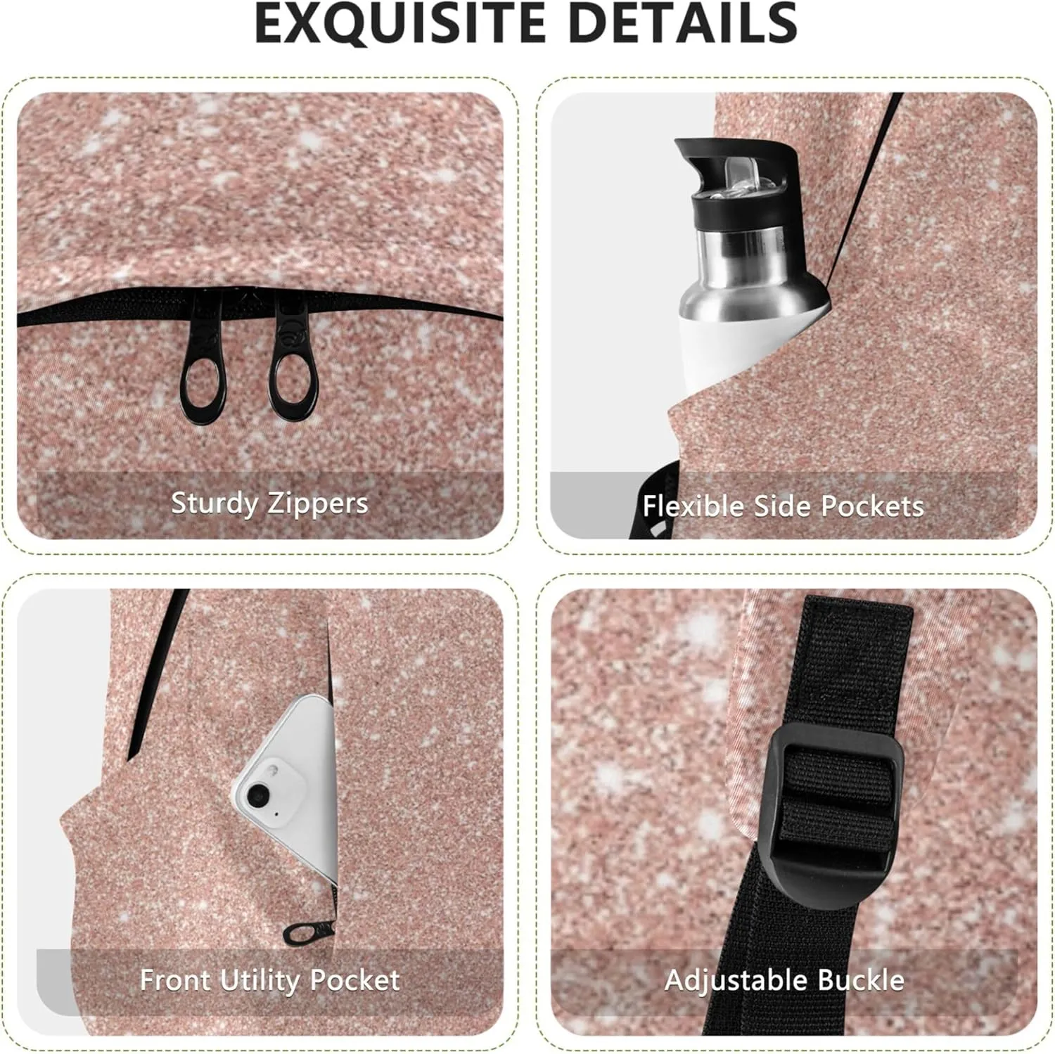 Cute Rose Gold Glitter Fashion Cute Backpack for Women Daypack Cool Teen Backpacks for Girls
