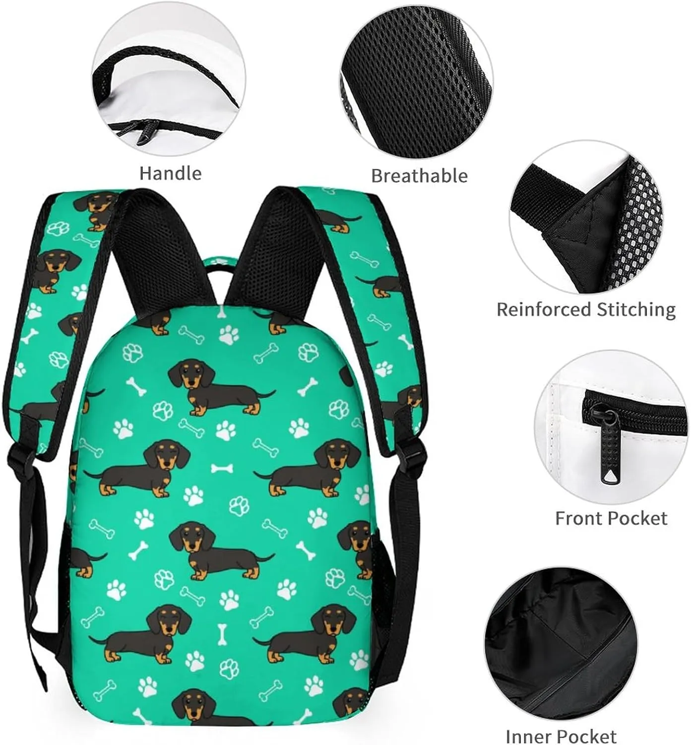 Dachshund Backpack with Lunch Box & Pencil Case, 16 Inch Cute Dachshunds Dog Themed Bookbag, Adjustable Lightweight Large Capacity, Colorful Daily Casual Backpacks Set with Lunch Bag