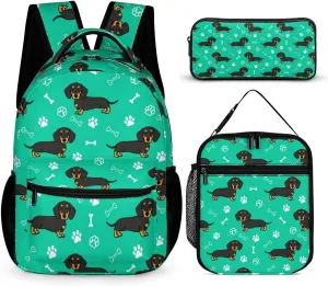 Dachshund Backpack with Lunch Box & Pencil Case, 16 Inch Cute Dachshunds Dog Themed Bookbag, Adjustable Lightweight Large Capacity, Colorful Daily Casual Backpacks Set with Lunch Bag