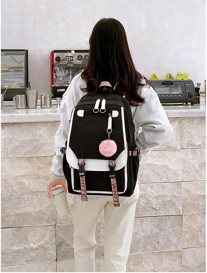 dageraad Backpacks For Teen Girls With USB Port,black cute backpack Can Hold 15.6in Notebook,Tablets.Girls Backpack Can Be Used As Gift for Students Or Friends(Black Pink)
