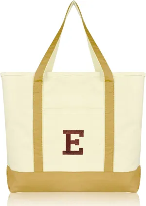 DALIX Initial Tote Bag Personalized Monogram Brown Zippered Top Bold Letter - E