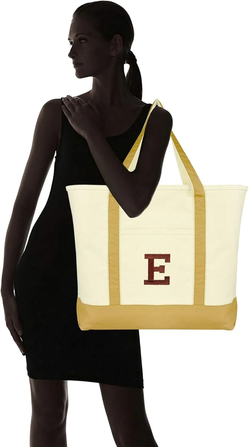 DALIX Initial Tote Bag Personalized Monogram Brown Zippered Top Bold Letter - E