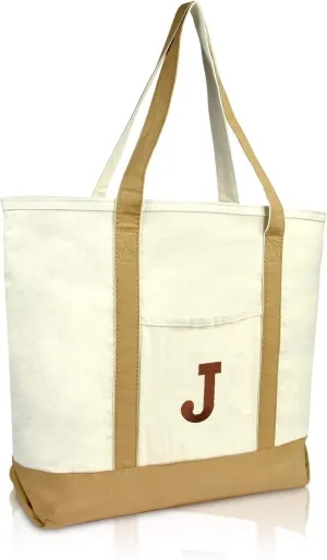 DALIX Initial Tote Bag Personalized Monogram Brown Zippered Top Bold Letter - J
