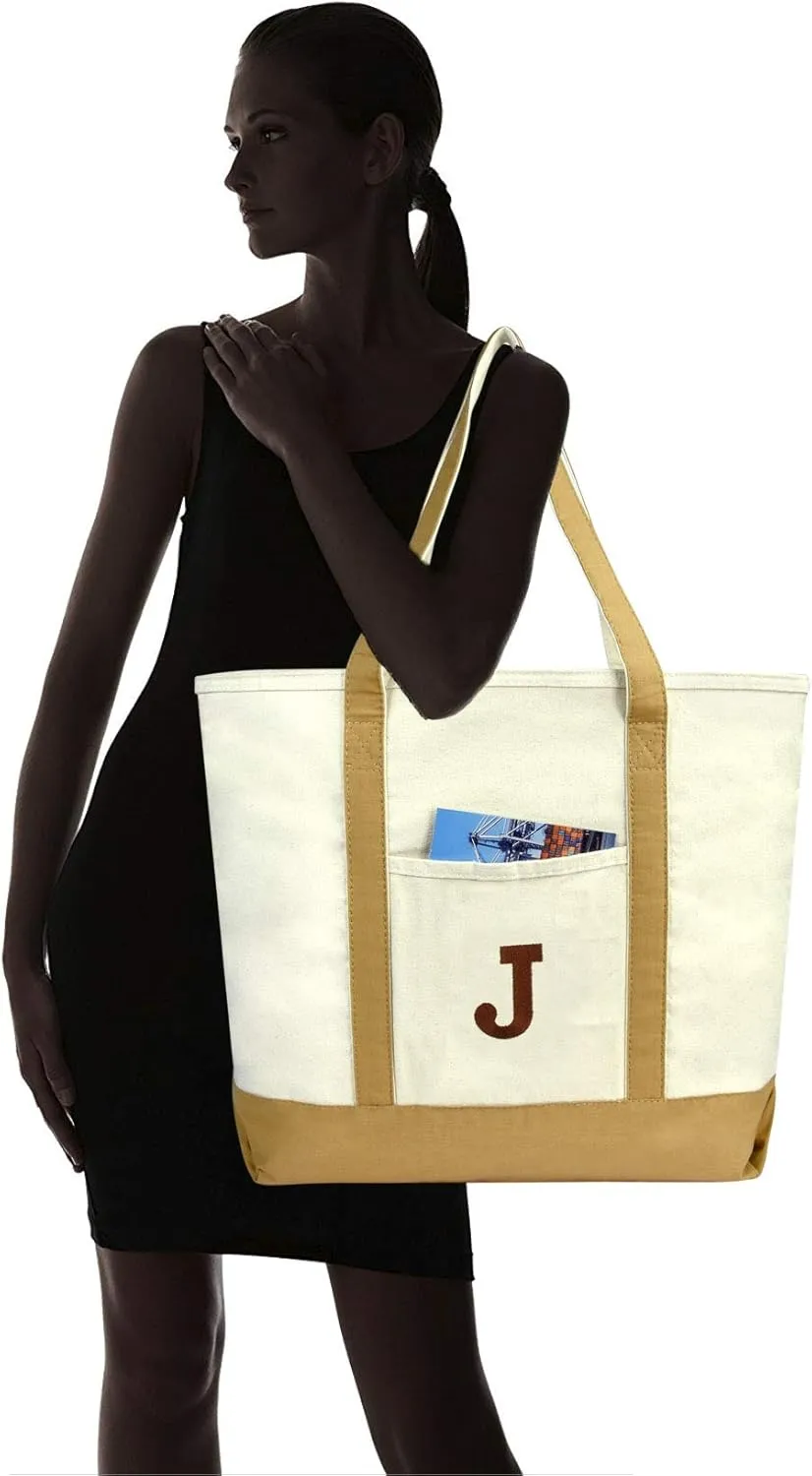 DALIX Initial Tote Bag Personalized Monogram Brown Zippered Top Bold Letter - J