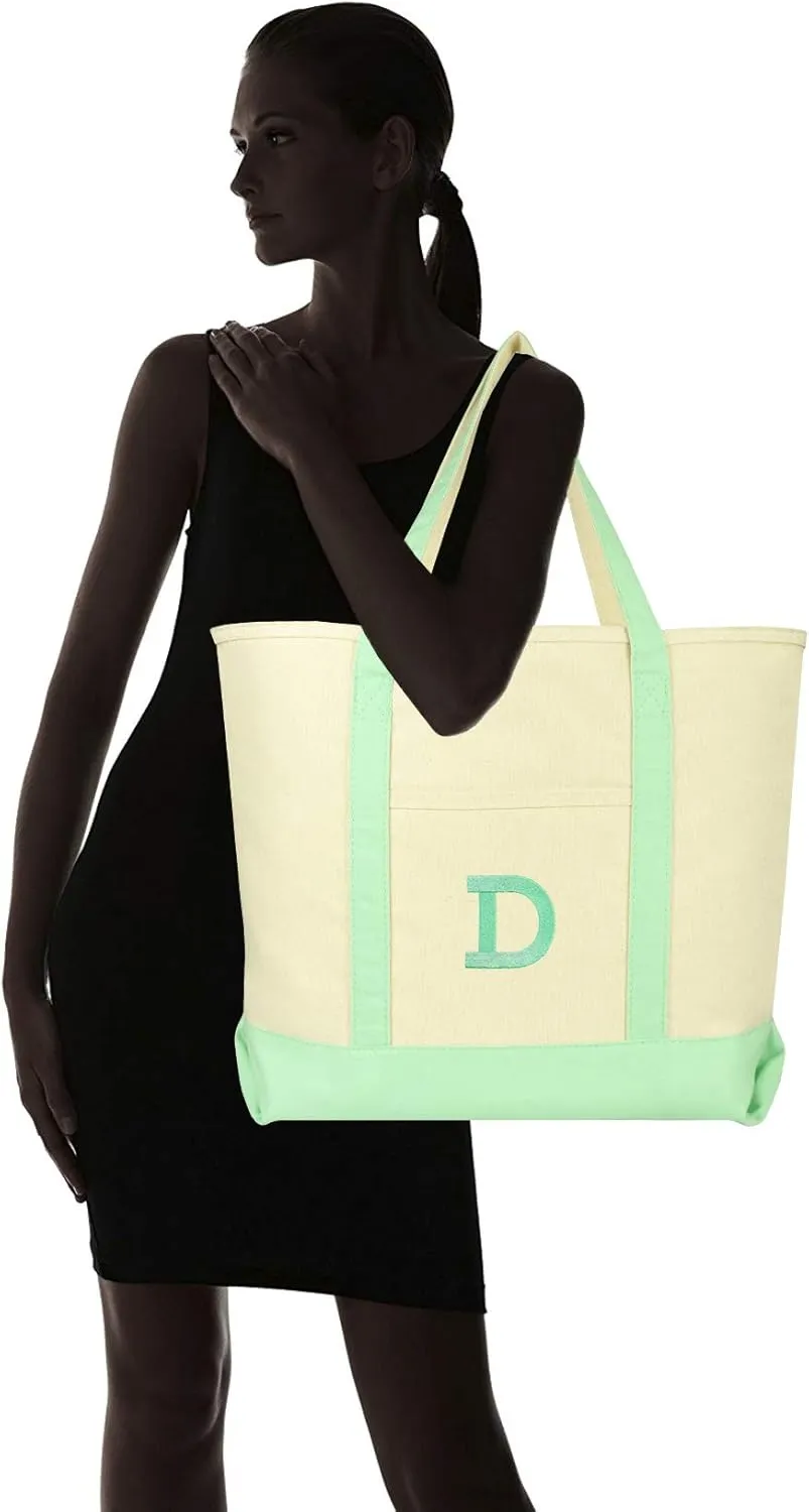 DALIX Initial Tote Bag Personalized Monogram Mint Green Zippered Top Letter - D