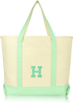 DALIX Initial Tote Bag Personalized Monogram Mint Green Zippered Top Letter - H