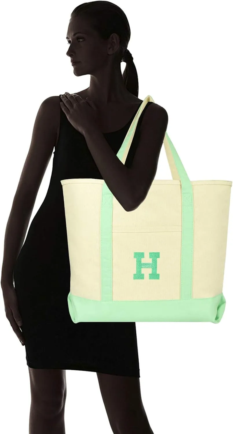 DALIX Initial Tote Bag Personalized Monogram Mint Green Zippered Top Letter - H