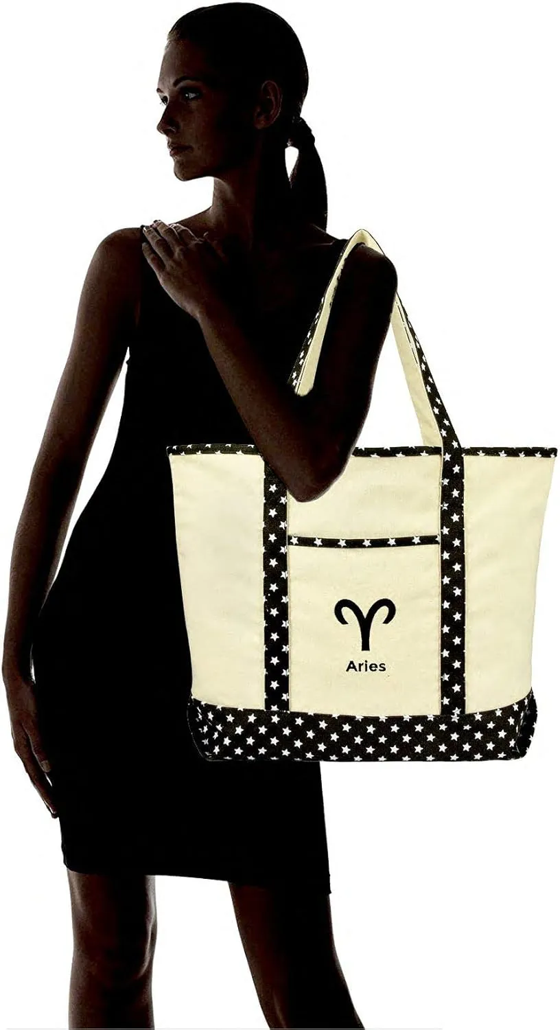 DALIX Zodiac Sign Shopping Tote Bag Black Star Horoscope Gifts - Aries