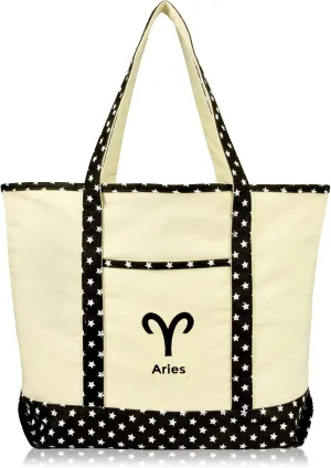 DALIX Zodiac Sign Shopping Tote Bag Black Star Horoscope Gifts - Aries