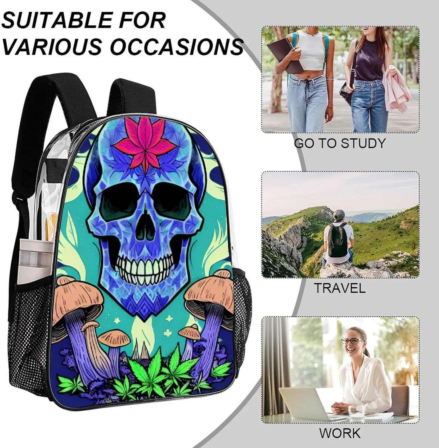 Daypack Anti-Theft Multipurpose Large Capacity Shoulder Bag - Trippy Marijuanaweed Skull Mushrooms Art Travel Hiking & Camping Rucksack Transparent Bag