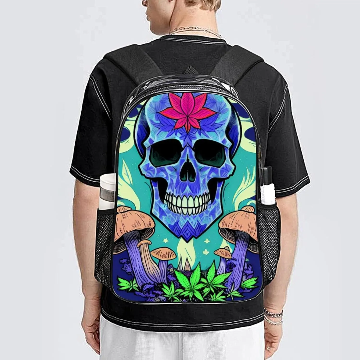 Daypack Anti-Theft Multipurpose Large Capacity Shoulder Bag - Trippy Marijuanaweed Skull Mushrooms Art Travel Hiking & Camping Rucksack Transparent Bag