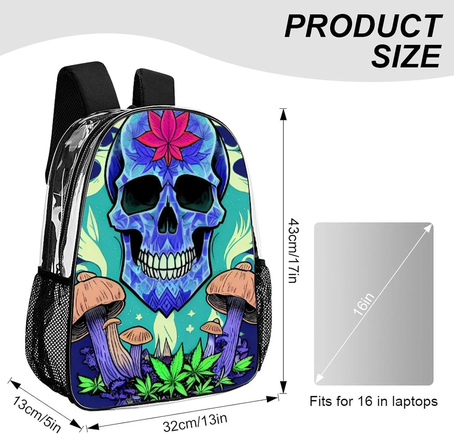 Daypack Anti-Theft Multipurpose Large Capacity Shoulder Bag - Trippy Marijuanaweed Skull Mushrooms Art Travel Hiking & Camping Rucksack Transparent Bag