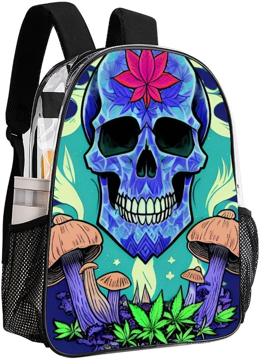Daypack Anti-Theft Multipurpose Large Capacity Shoulder Bag - Trippy Marijuanaweed Skull Mushrooms Art Travel Hiking & Camping Rucksack Transparent Bag