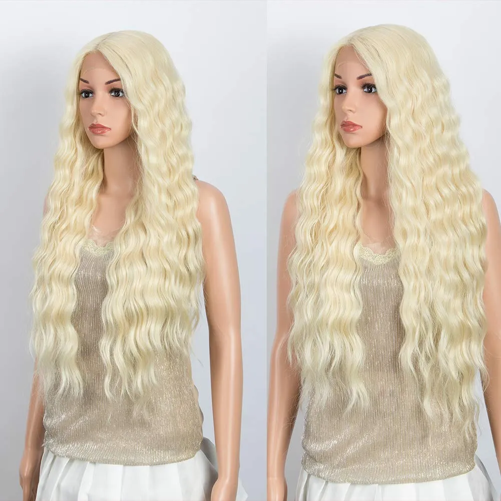 DÉBUT Lace Front Wigs 30 inches Water Wave Super Long Synthetic Wigs with Baby Hair Heat Resistant 240g 6 inches Lace Parting 150% Density (Blonde)