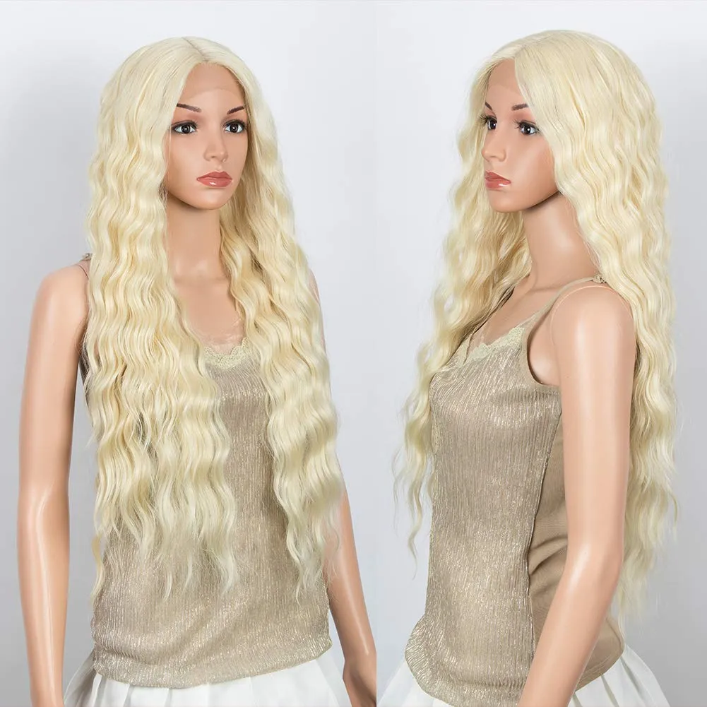 DÉBUT Lace Front Wigs 30 inches Water Wave Super Long Synthetic Wigs with Baby Hair Heat Resistant 240g 6 inches Lace Parting 150% Density (Blonde)