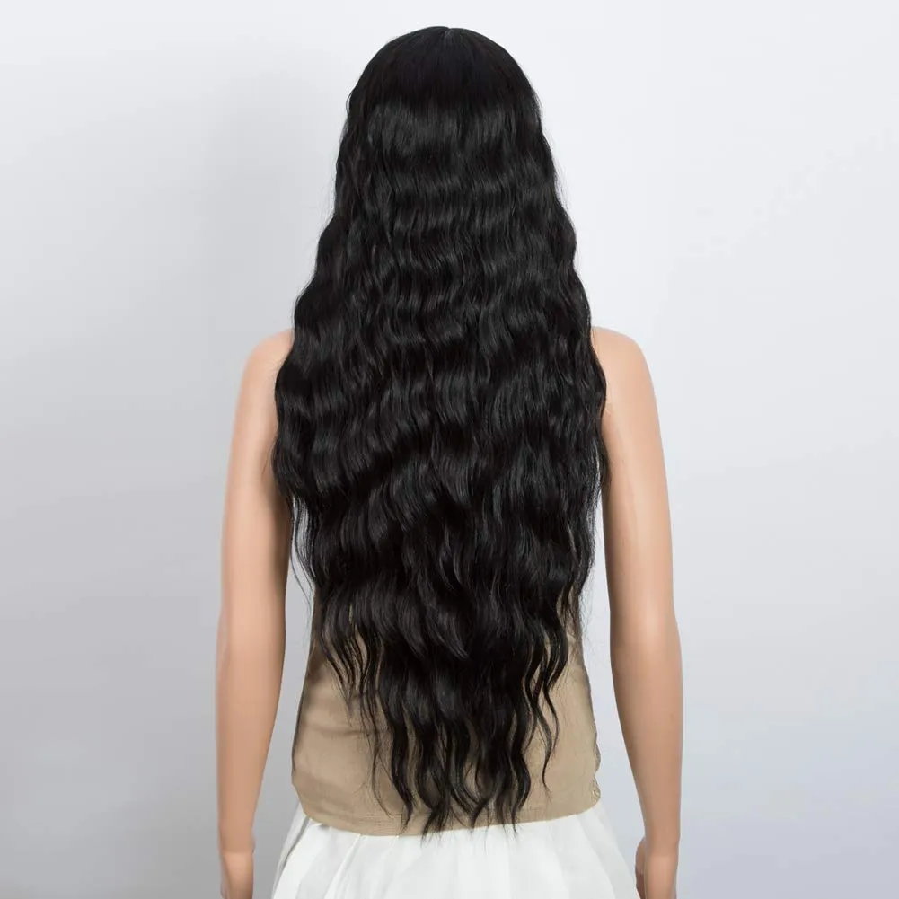 DÉBUT Lace Front Wigs 30 inches Water Wave Super Long Synthetic Wigs with Baby Hair Heat Resistant 240g 6 inches Lace Parting 150% Density (Natural Black)