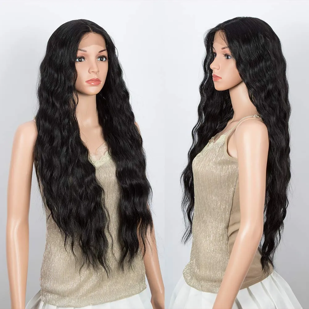 DÉBUT Lace Front Wigs 30 inches Water Wave Super Long Synthetic Wigs with Baby Hair Heat Resistant 240g 6 inches Lace Parting 150% Density (Natural Black)