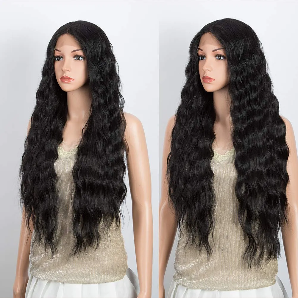 DÉBUT Lace Front Wigs 30 inches Water Wave Super Long Synthetic Wigs with Baby Hair Heat Resistant 240g 6 inches Lace Parting 150% Density (Natural Black)